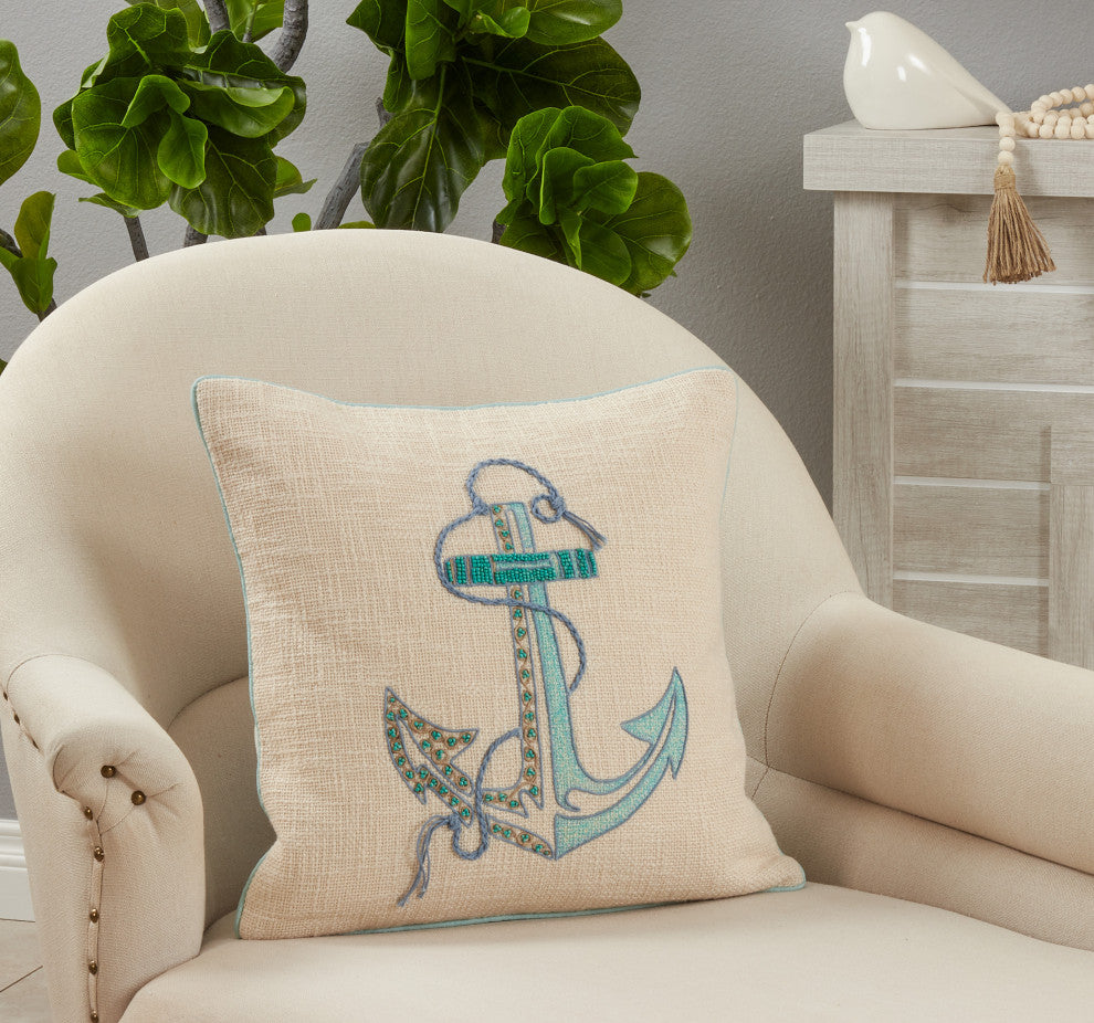 Throw Pillow Cover With Embroidered Anchor Design, 18"x18", Aqua