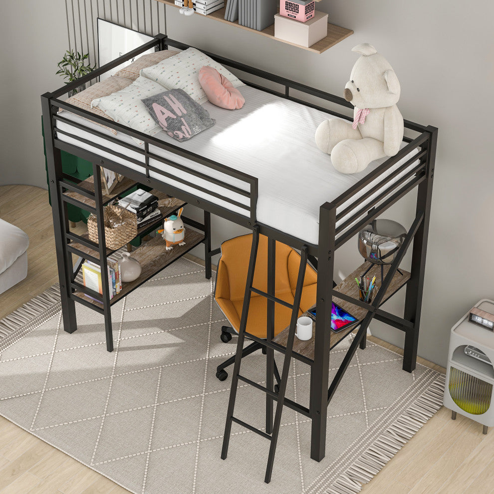 Gewnee Twin Size Metal Loft Bed with Shelves and Desk in Black