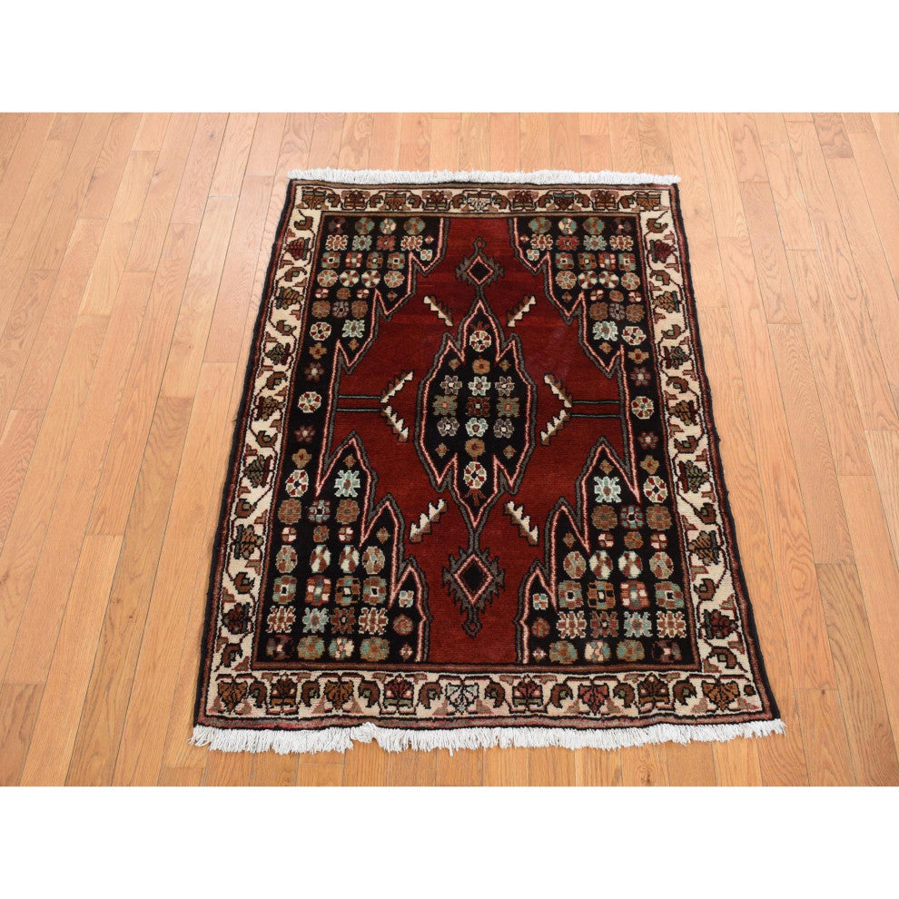 Barn Red New Persian Mazlagan Design Pure Wool Hand Knotted Rug 3'6" x 4'8"