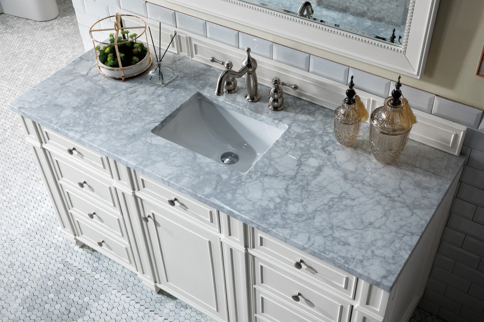 Bristol 60" Single Vanity Bright White, Carrara Marble