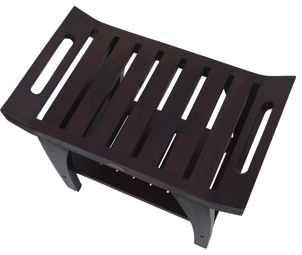 HomeRoots Contemporary Teak Shower Bench With Shelf and Handles, Brown Finish