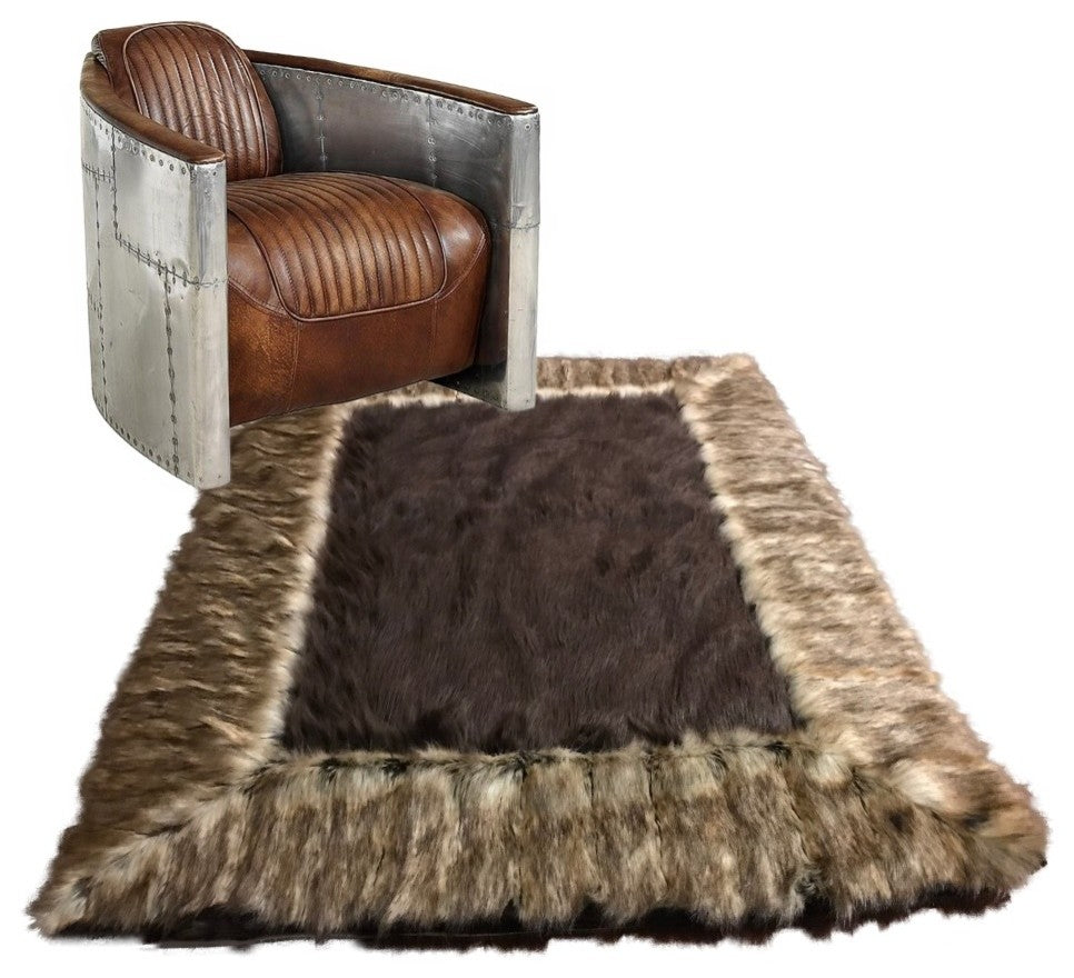 Brown Shag Faux Fur Area Rug - Brown Ribbed Fox Border Handmade Fur Accents USA
