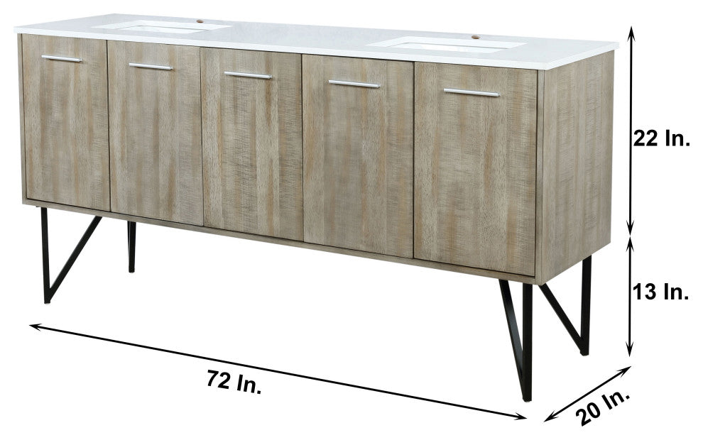 Lancy 72" Rustic Acacia DB Vanity, White Quartz Top, Square Sinks, 70" Mirror