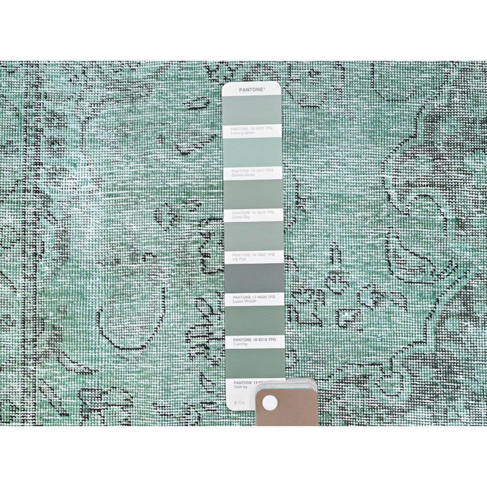 Celadon Green, Worn Wool, Hand Knotted, Vintage Persian Tabriz Rug, 6'2"x9'3"