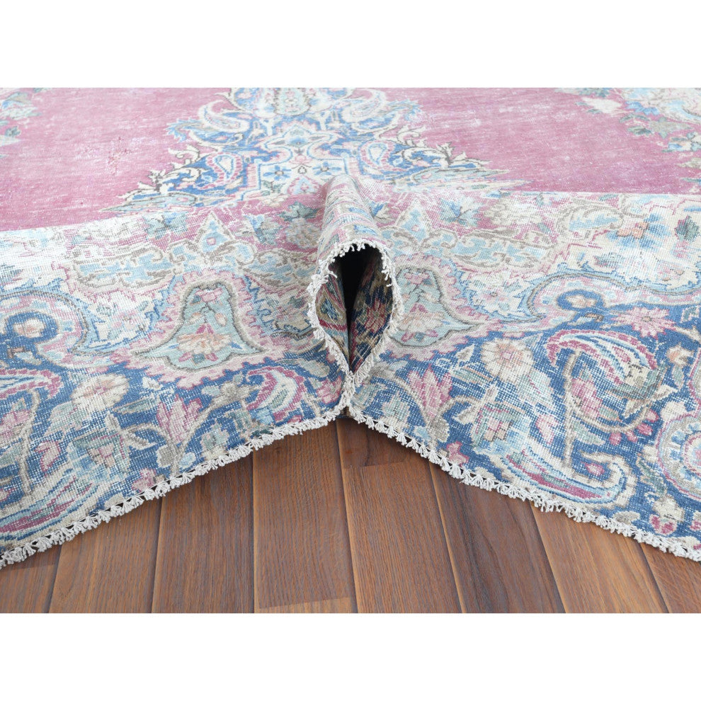 Vintage Persian Kerman, Worn Wool, Hand Knotted, Pink, Oriental Rug, 6'7" x 8'7"