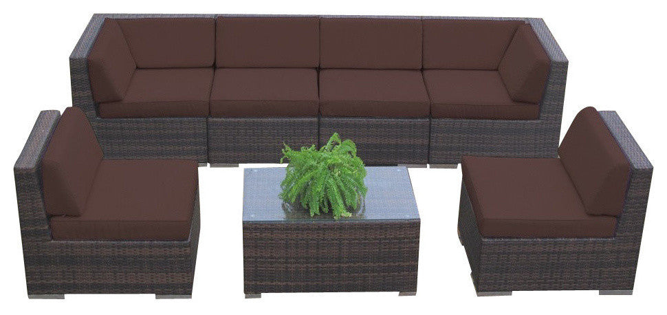 Ohana 7-Piece Deep Seating Sectional Set, Brown Sunbrella, Brown Wicker