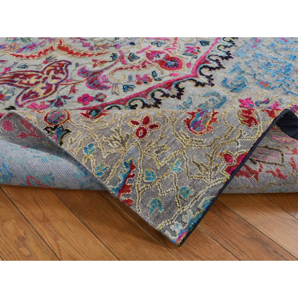 Tan Brown, Maharaja Design, Sari Silk and Wool Hand Knotted Rug, 6'x9'