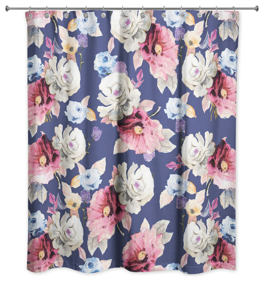 Navy Floral Print Shower Curtain