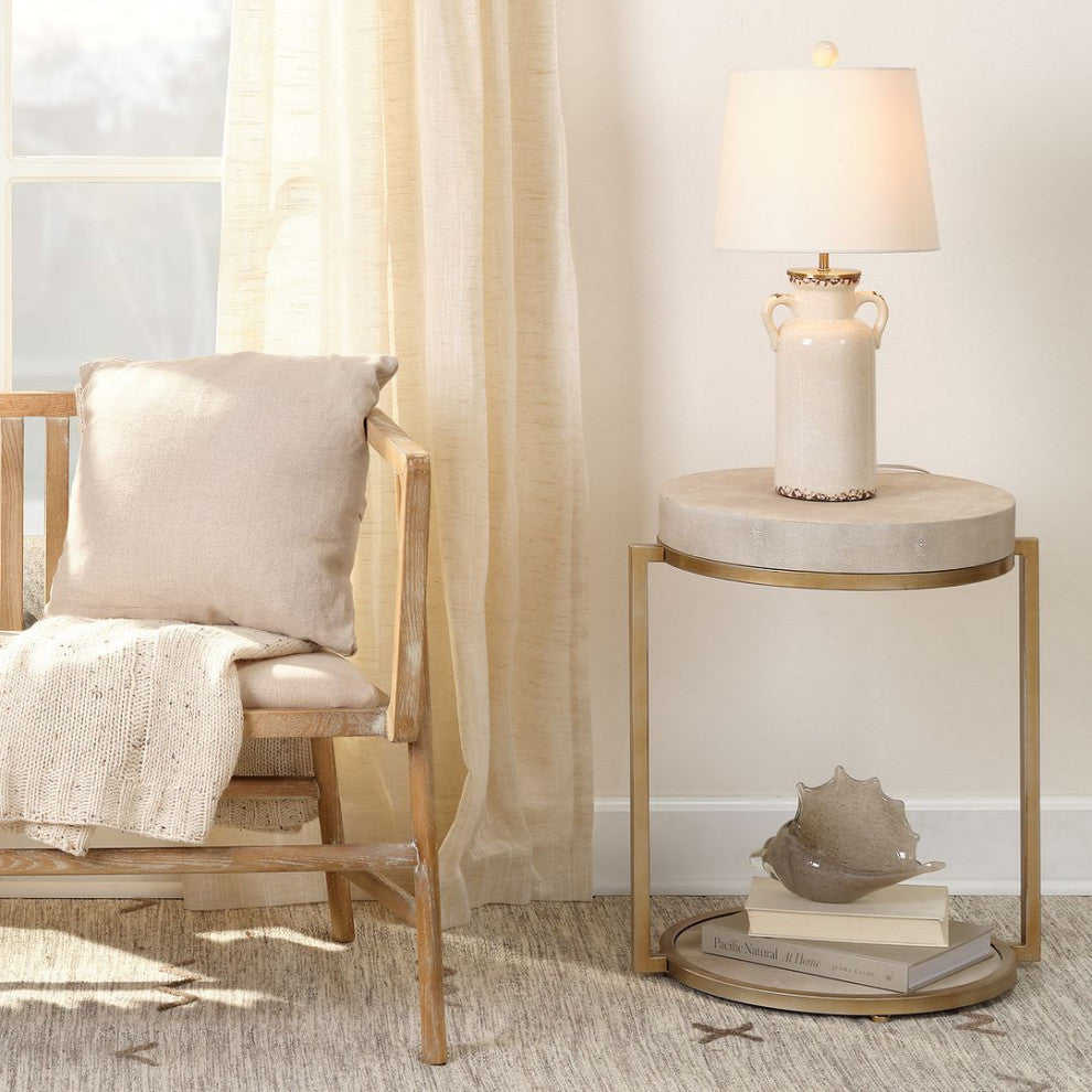Rustic Vintage Style Urn Shape Table Lamp 21 in Two Handled Cream Ceramic