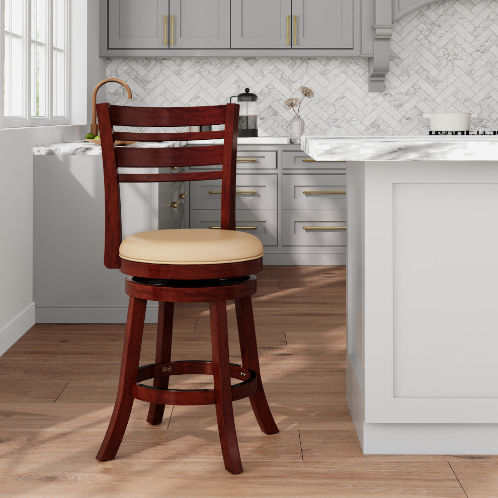 DTY Indoor Living Granby Slat Back Swivel Stool, 24" Counter Stool, Cherry, Bone Leather