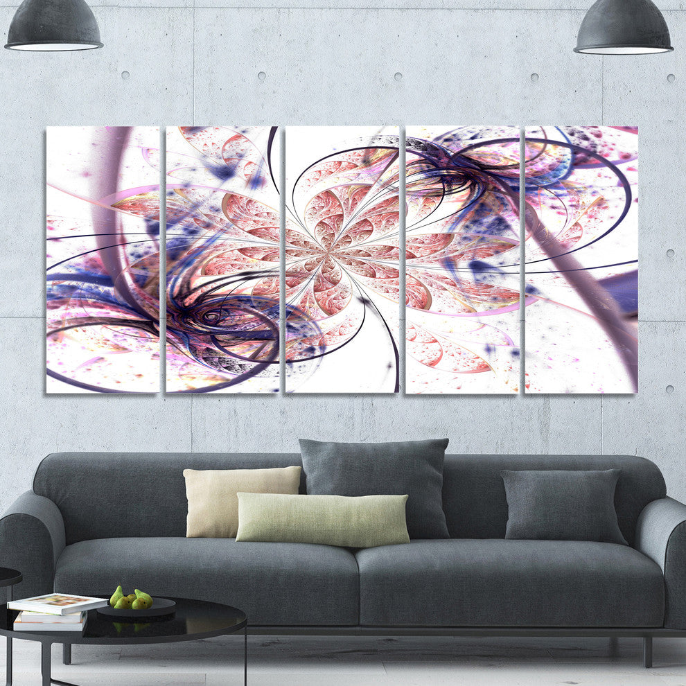 Blue Pink Fractal Flower Pattern, Abstract Wall Art Canvas, 60"x28", 5 Panels