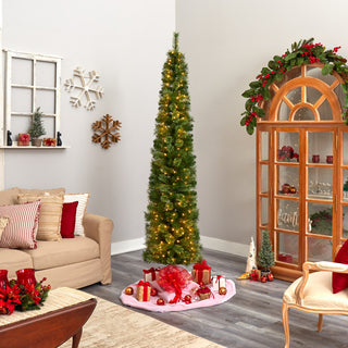 8' Green Pencil Faux Xmas Tree W/Clear, Multifunction Lights & Bendable Branches