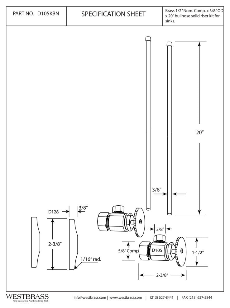 Faucet Kit - 5/8" Od X 3/8" Od X 20" Bullnose In Oil Rubbed Bronze, Polished Brass