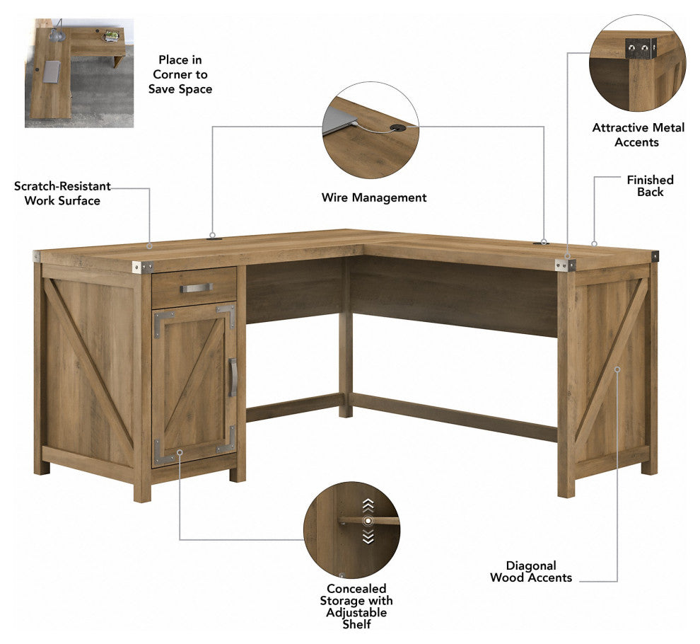 kathy ireland Cottage Grove 60" L Shaped Desk, Drawer & Cabinet, Reclaimed Pine