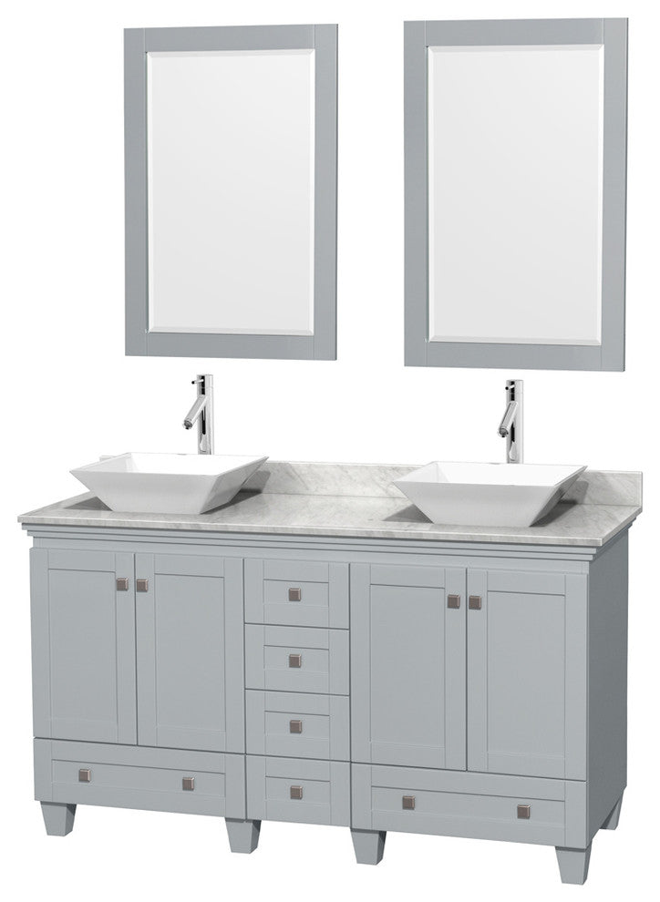 Acclaim Oyster Gray DBL Vanity, Mirrors 60" White Carrera Marble, White Porcelai