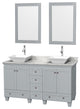 Acclaim Oyster Gray DBL Vanity, Mirrors 60" White Carrera Marble, White Porcelai