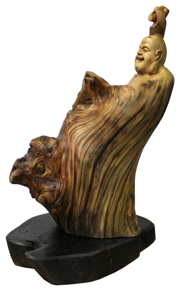 Chinese Cypress Wood Carved Irregular Shape Happy Buddha Statue Hcs4137
