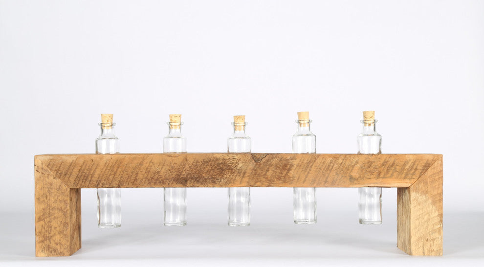Glass Bud Vase Arrangement With Reclaimed Wood Holder, 5 Bottles