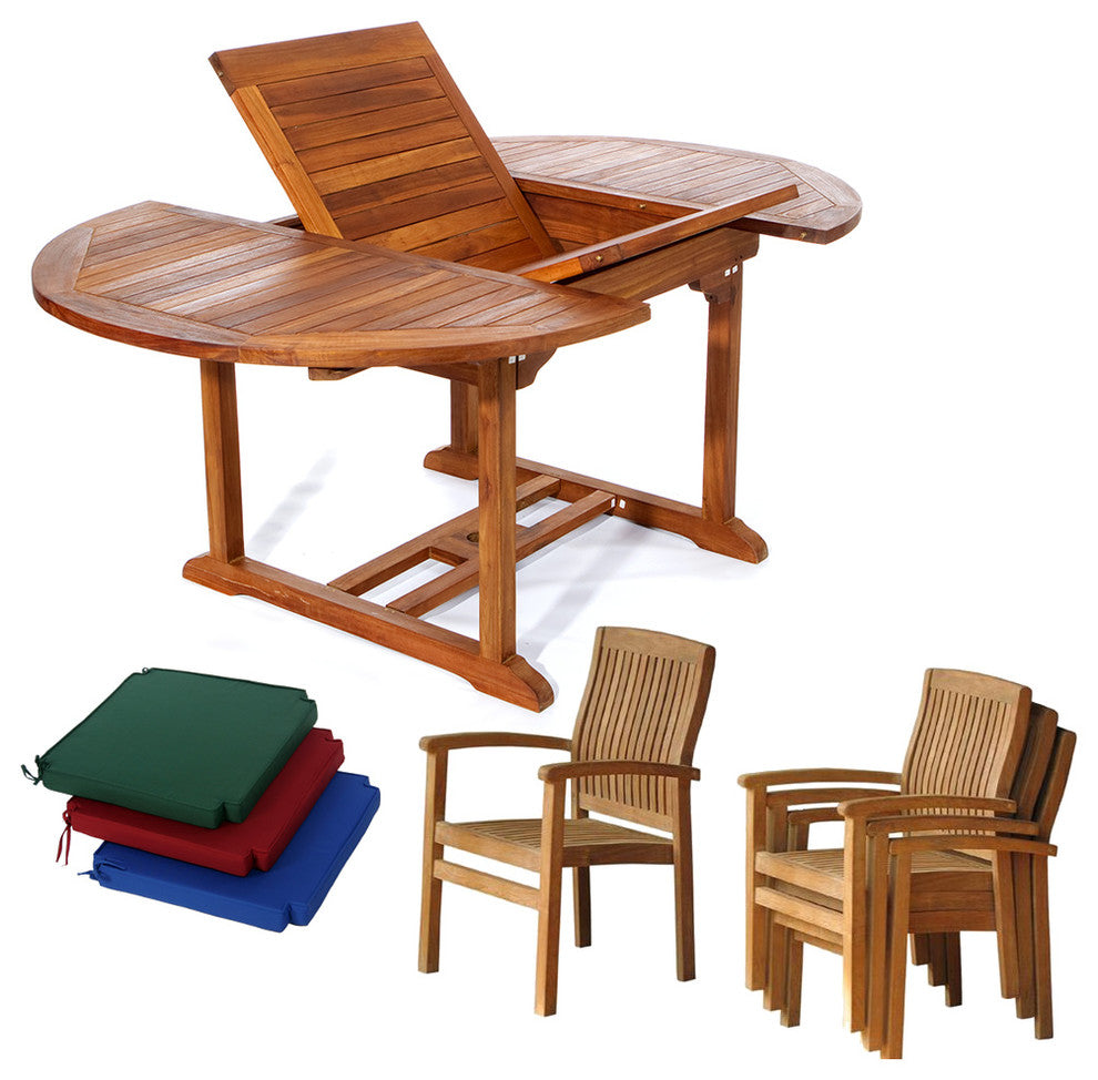 5-Piece Set Teak Oval Extension Table With Stacking Arm Chair and Cushions