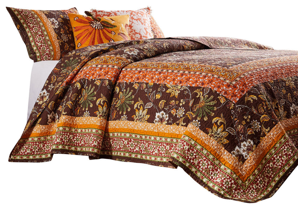 Benzara BM281995 Twin Quilt Set, Bohemian, Jacobean Floral Print, Brown, Orange