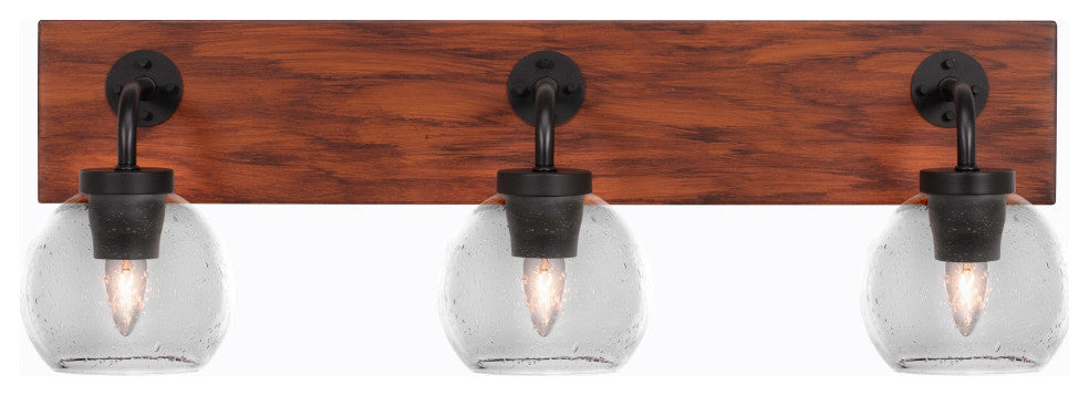 Oxbridge 3-Light Bath Bar, Matte Black & Painted Wood-look Metal/Clear Bubble