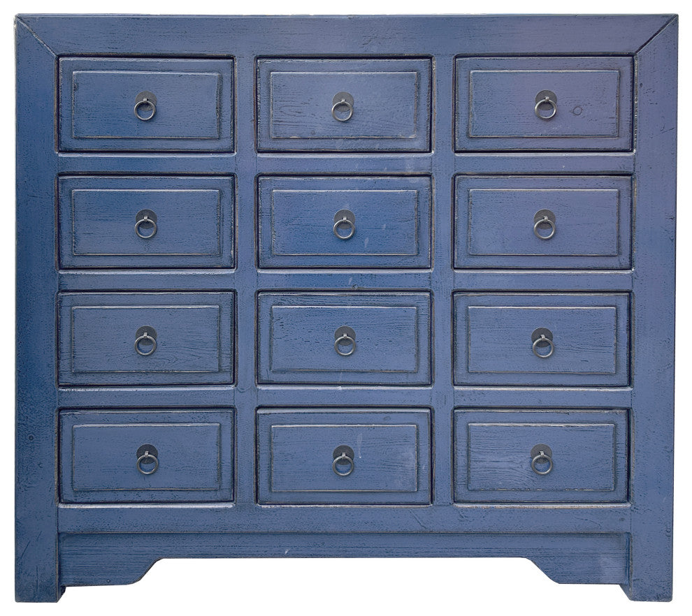 Distressed Deep Blue 12 Drawers Narrow Credenza Sideboard Cabinet