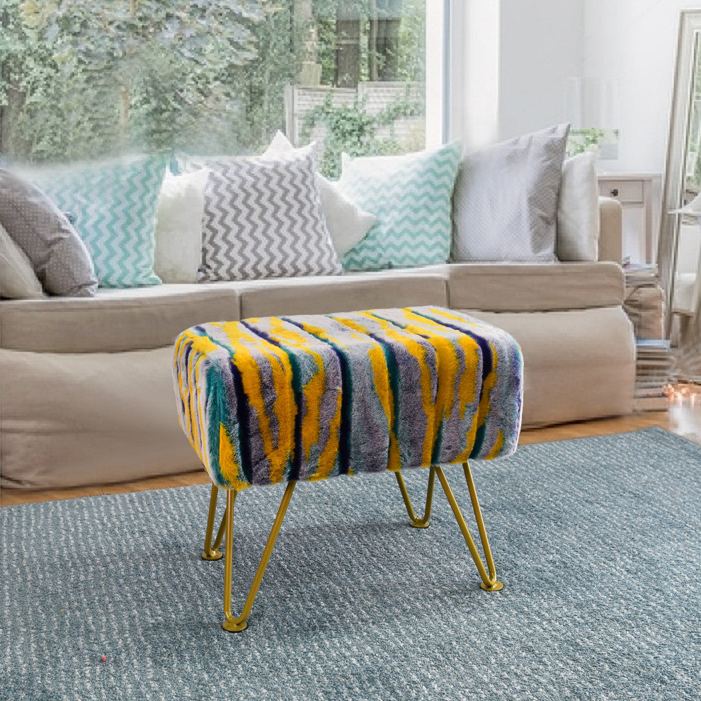 Multi Jacquard Faux Fur Ottoman, Teal, 19"x13"x7"