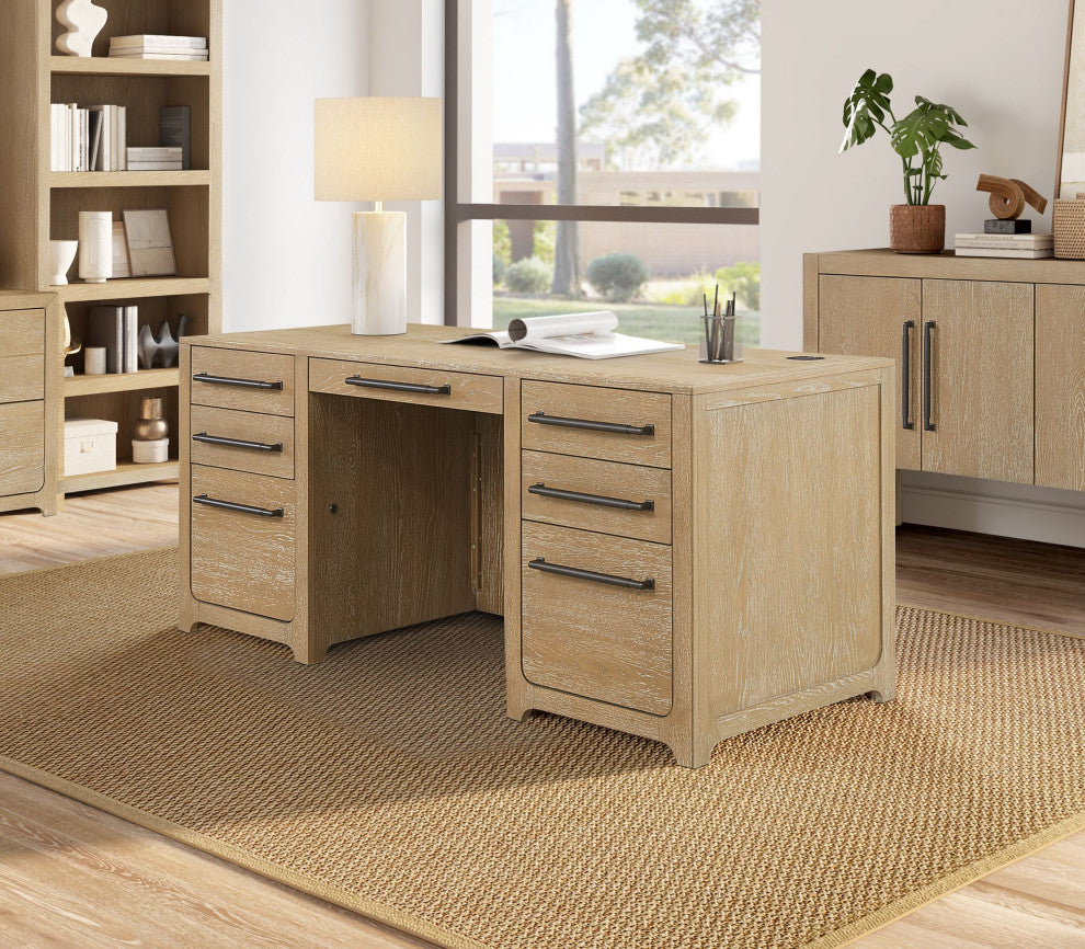 Modern Wood Double Pedestal Executive Desk, Light Brown
