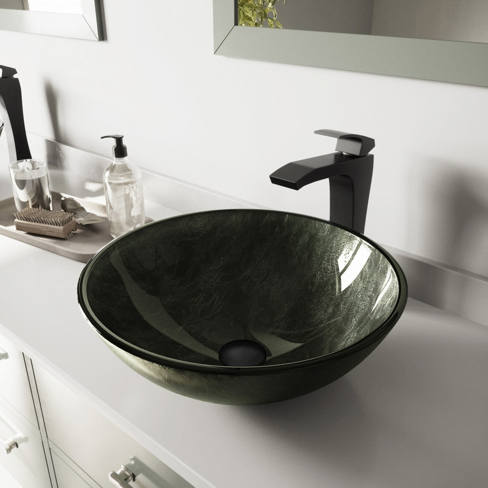 Giovanni 17"L x 17"W Glass Vessel Sink and Blackstonian 12"H Faucet Set
