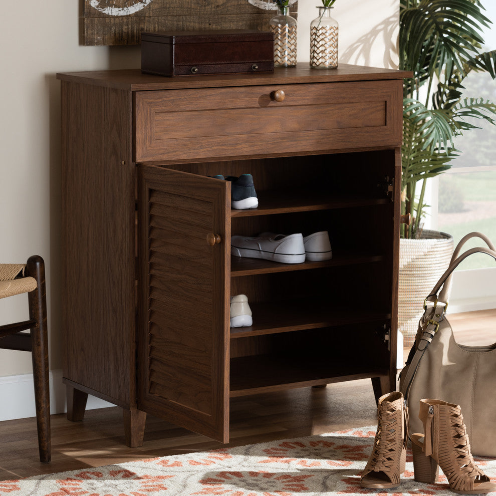 Aretha Walnut 4-Shelf Wood Shoe Storage Cabinet With Drawer