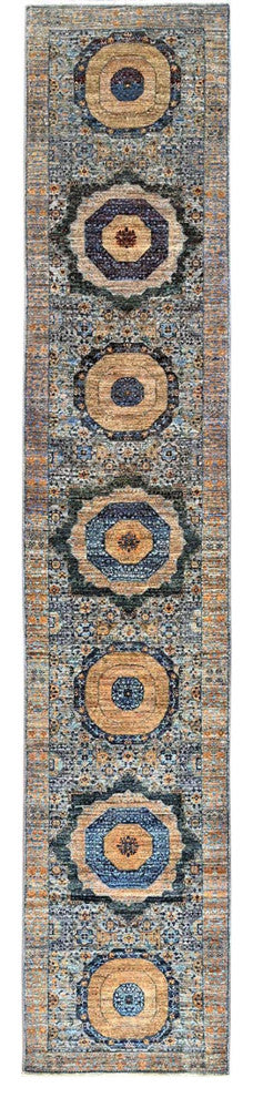 Blue, Mamluk Design, Soft Wool, Hand Knotted, Runner Oriental Rug, 2'6"x13'9"