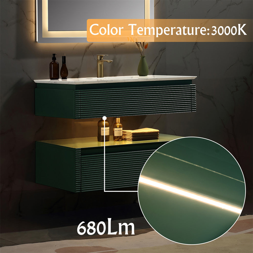 36" Solid Wood Wall-Mounted Bath Vanity Set, Green