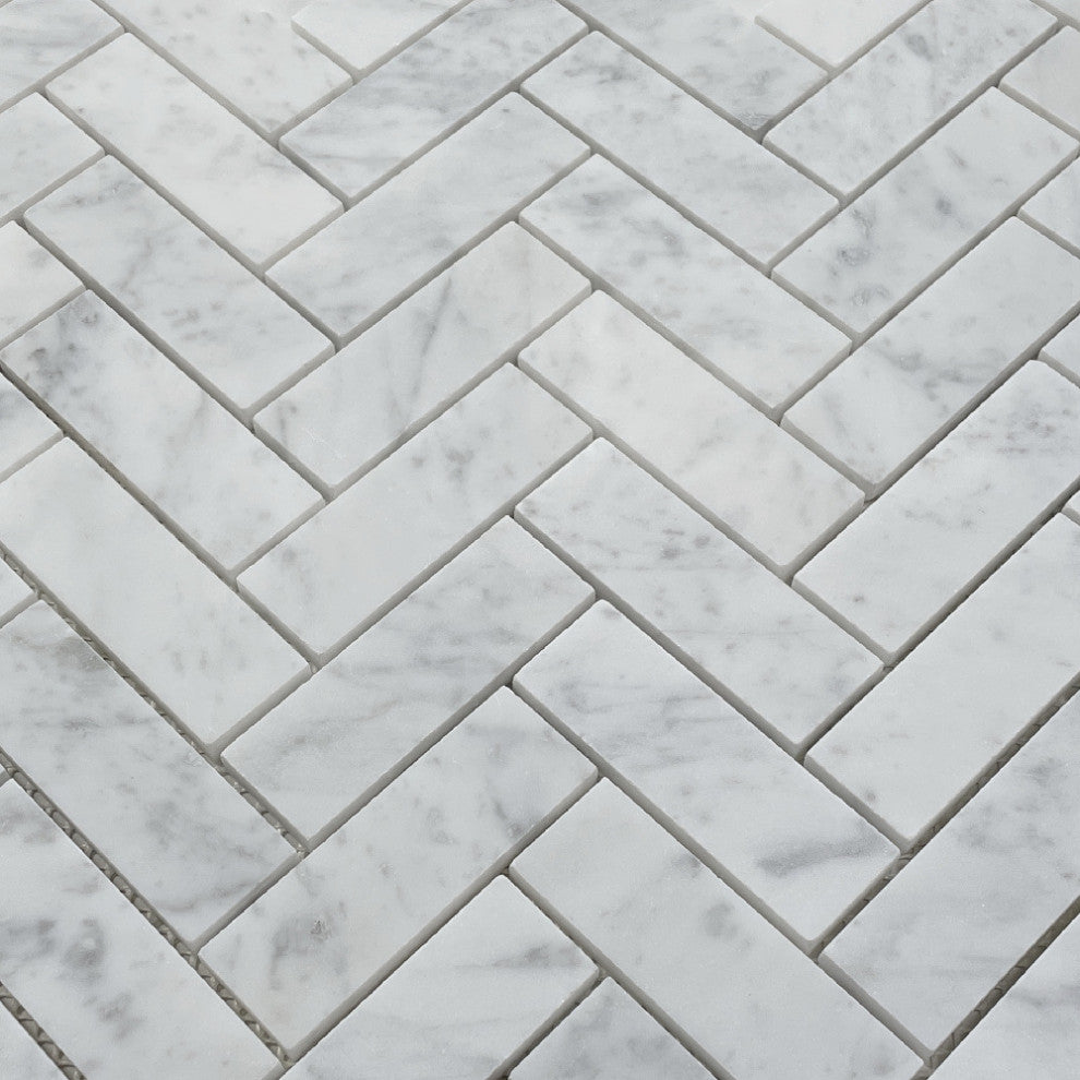 Herringbone Mosaic White Carrara Venato Carrera Marble Tile Honed 1x3, 1 sheet
