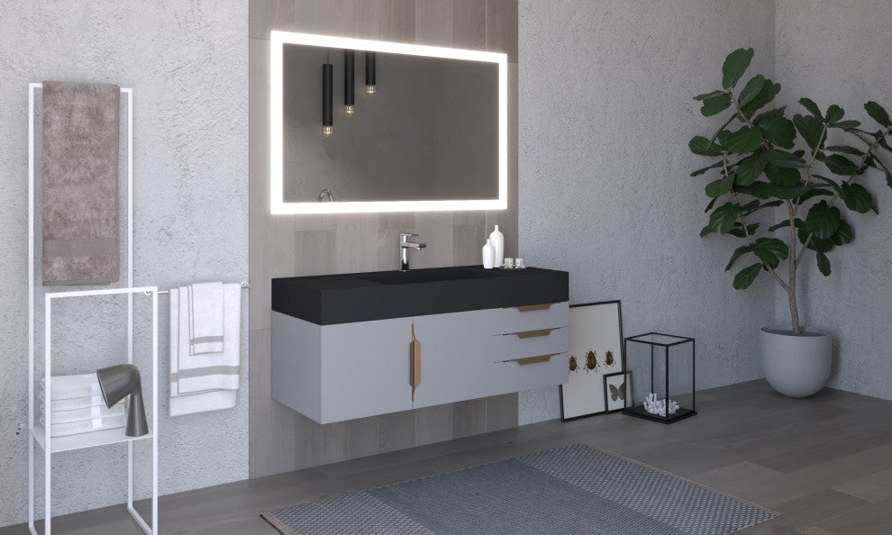 CastelloUSA Amazon 48" Wall Mounted Vanity Set, Gray, Black Top, Gold Handles