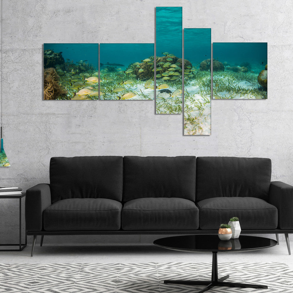 School of Grunts with Baracuda, Seashore Canvas Art Print, 60"x32", 5 panels