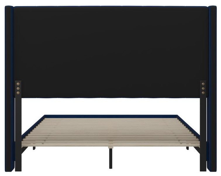Bianca Upholstered Platform Bed w/Vertical Stitched Wingback Headboard, Navy Velvet, Queen
