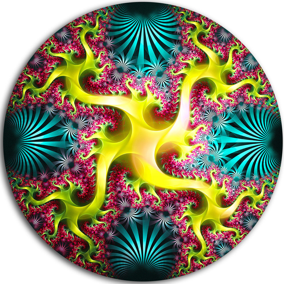 Glowing Yellow Fractal Flower Design, Abstract Disc Metal Artwork, 36"