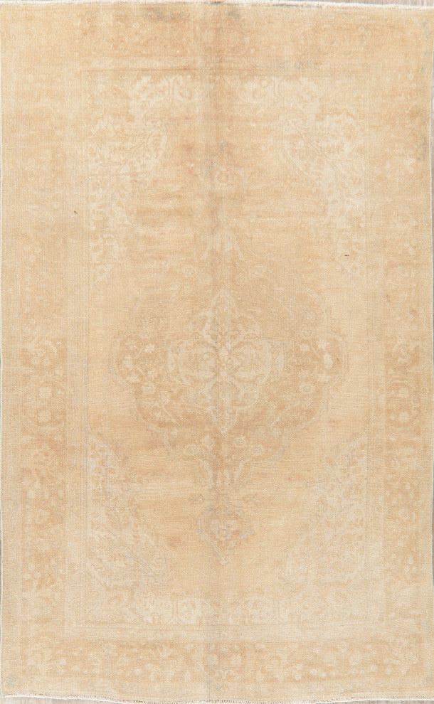 Consigned, Vintage-Style Faded Handmade Persian Wool Area Rug, Beige, 6x10