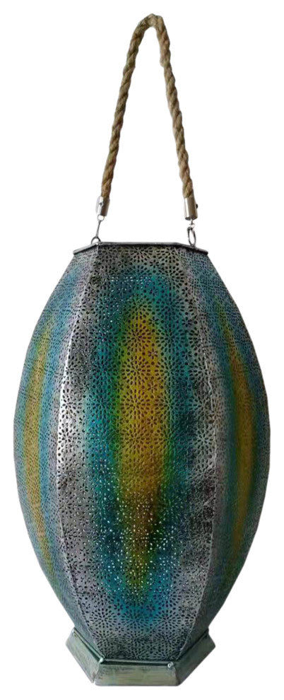 15.5" Silver Floral Outdoor Hanging Solar Lantern With Jute Handle