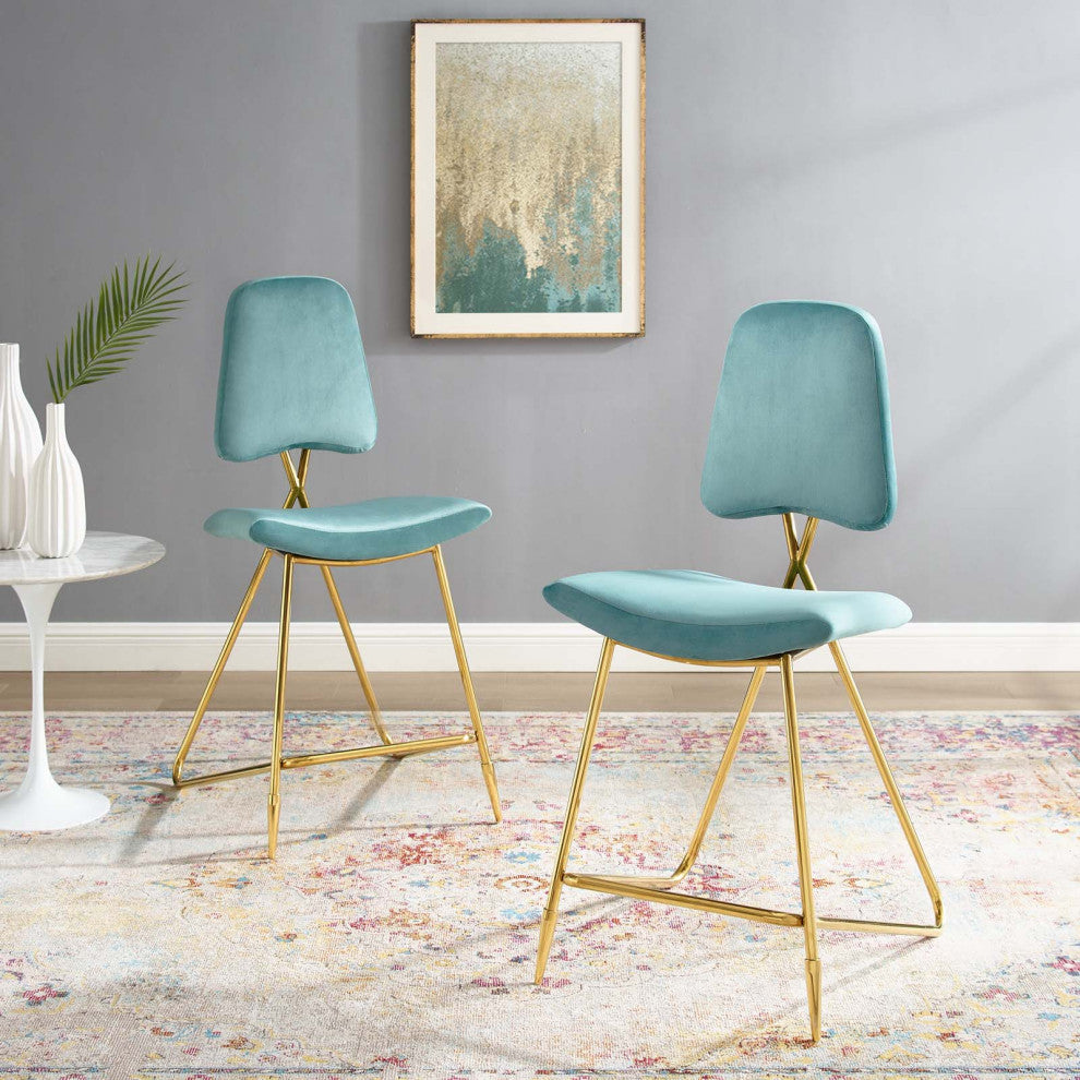Counter Stool Chair, Set of 2, Velvet, Metal, Blue, Modern, Bar Pub Cafe Bistro