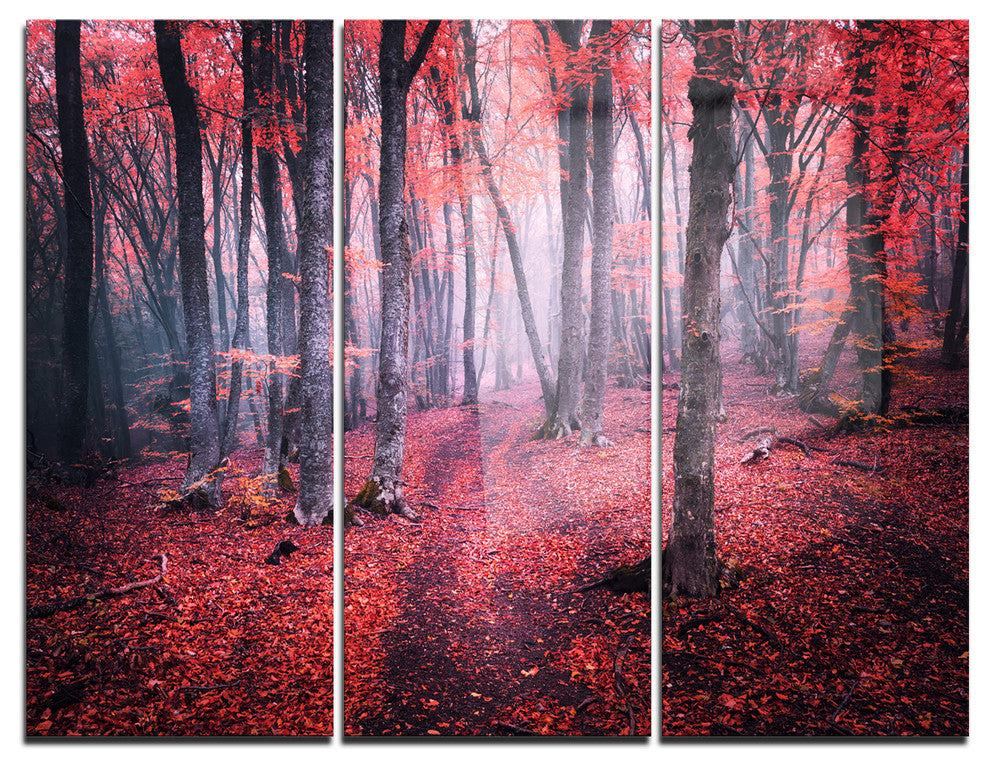 "Mysterious Fairytale Red Wood" Photo Metal Wall Art, 3 Panels, 36"x28"