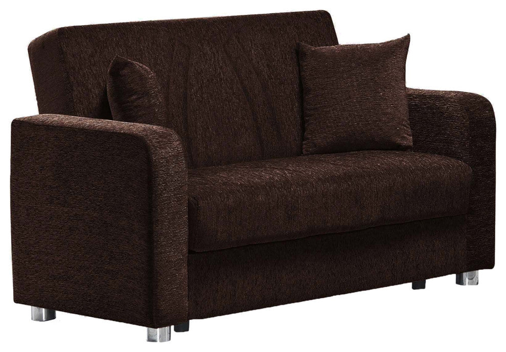 Modern Sleeper Loveseat, Chenille Fabric Seat With Matching Pillows, Dark Brown