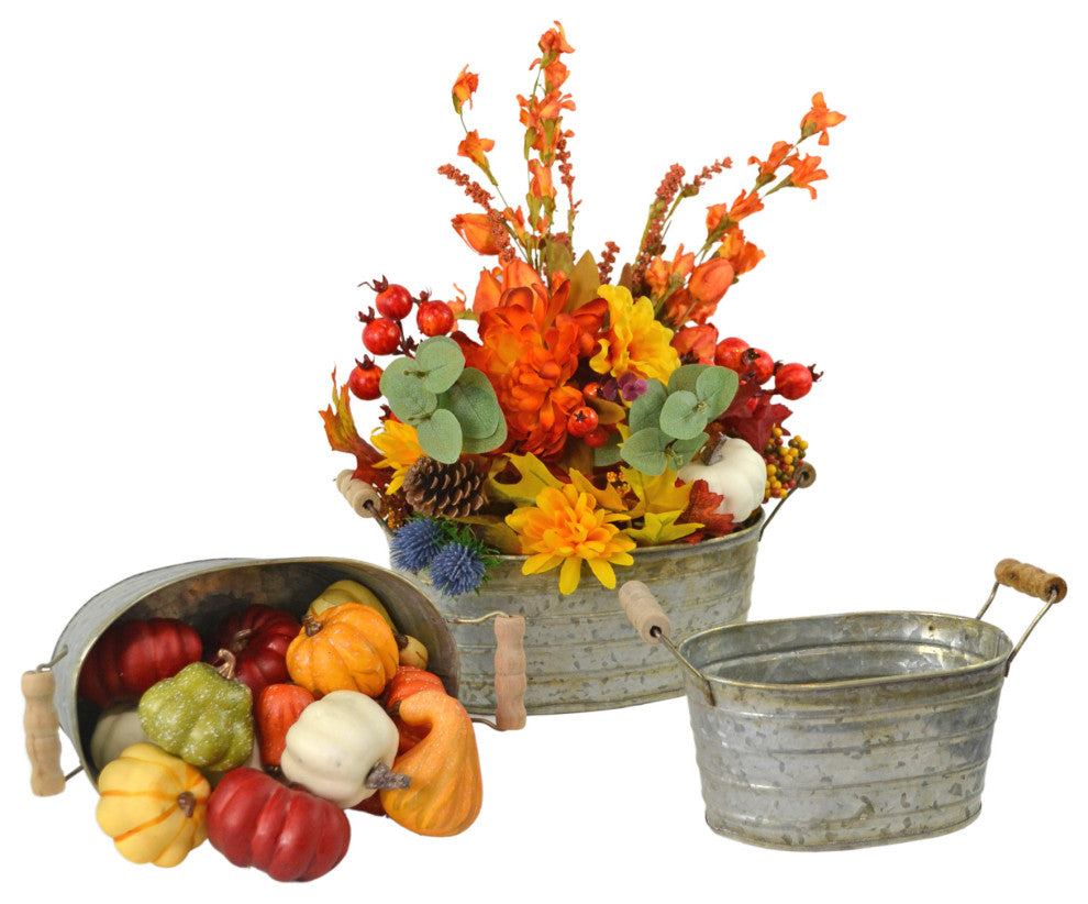 Metal Planter Tubs, Set of 3 Planters With Wooden Handles