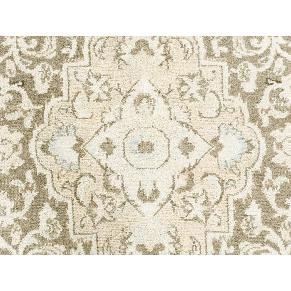 Ivory Hand Knotted Vintage Persian Kashan Worn Wool Oriental Rug 7'7" x 10'1"