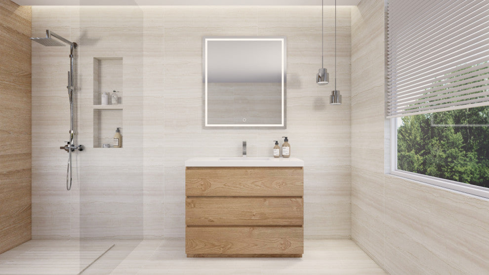 Alston 42" Free Standing Modern Vanity, New England Oak, Glossy White Top