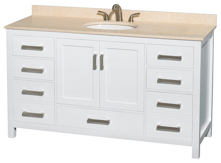 Sheffield 60" White Single Vanity, Ivory Marble Top, Um Rd Sink, No