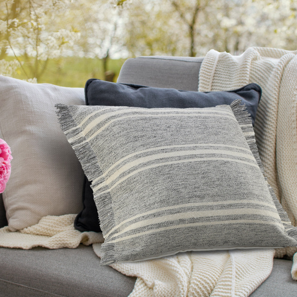 Farmhouse Triple Stripe Throw Pillow with Fringe