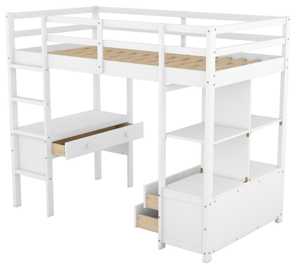 Gewnee Twin Size Loft Bed with Built-in Desk with Two Drawers