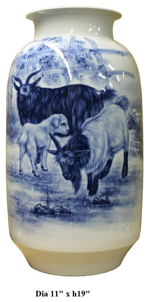 Chinese Blue White Handpainted San Yang Kai Tai Scenery Porcelain Vase cs2467