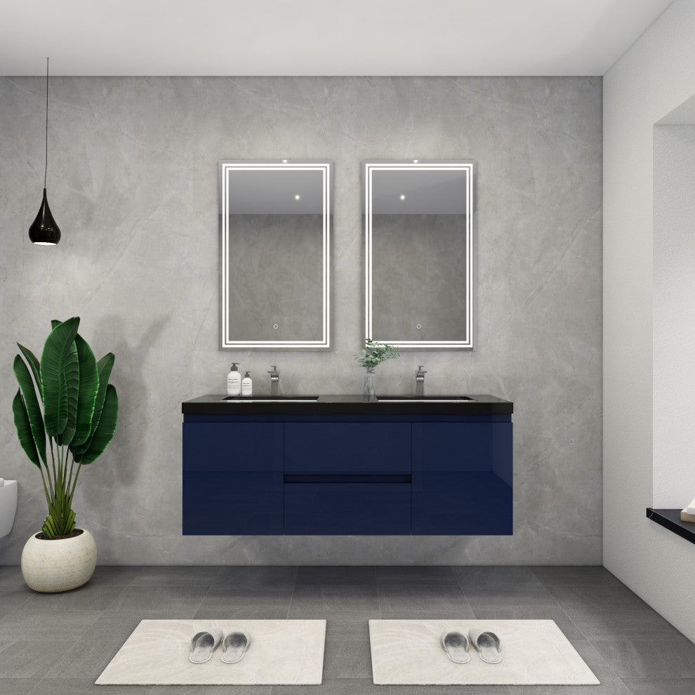 Belli 60" Double Sink Wall Mount Vanity Set, High Gloss Blue, Matt Black Top